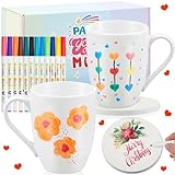 Geiserailie 2 Tasses à Peindre en Céramique Blanche Set avec 2 Sous Verres 12 Stylos Porcelaine Tasse à Café Kit Mug Peindre Cadeau DIY, Sous Verres à Ne Pas Chauffer au Four(Style Simple)