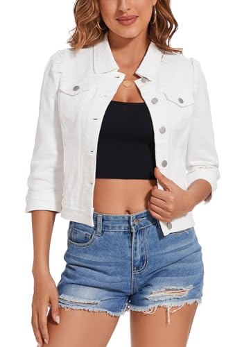 Anienaya Womens Jean Jacket Cropped Denim Jacket Stretchy 3/4 Puff Sleeve Distressed with Pockets White Medium