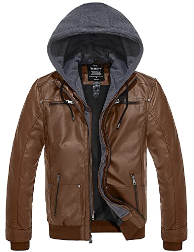 Wantdo Men's Light Faux Leather Jacket Hooded Motorcycle Coat Brown (light) Small