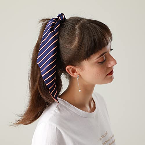 2 Pcs Hair Scrunchies Scarf Stripes Hair Ribbon Satin Bow Silk Elastic Hair Tie Bands Large Ponytail Holder Accessories For Women Girls #TOP4