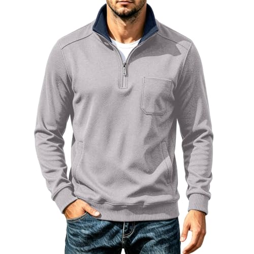 Men Long Sleeve Shirt Fleece Lined Textured Retro Quarter Zip Pullover