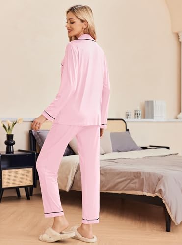 Image of Ekouaer Pajamas Women's Long Sleeve Sleepwear Soft Button Down Loungewear Pjs Lounge Set Nightwear XS-XXL