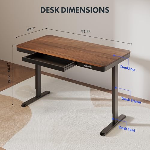 Image of FLEXISPOT Comhar 55 inch Electric Standing Desk with Storage, Built-in Drawer & USB Charging Ports, Height Adjustable Sit Stand Computer Desk, Quick Assembly, Child Lock, Walnut