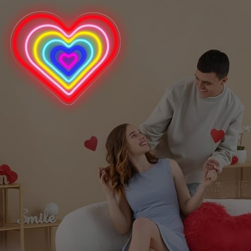 Image of Rainbow Heart Neon Sign Romantic Love LED Light Gift Anniversary for Lover Valentines Gift Idea Home Wall Art Room Decoration, 15.7 inchx13.4 inch