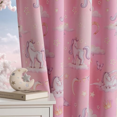 Image of MYSKY HOME Pink Blackout Printed Curtains for Girls Room Decor 63 Inch Length Cute Unicorn Rainbow Patterns Grommet Drapes for Kids Nursery Bedroom Playroom, Each Panel 52 Inch Wide, 2 Panels