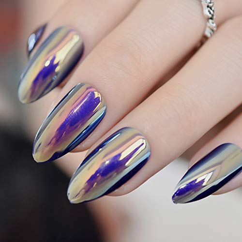 Quality Unicorn Chrome Fake Nails Gorgeous Yellow Blue Mirror Stiletto Full Cover Nail False with Adhesive Tabs 24 Ct