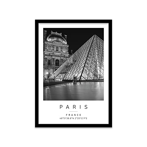 Image of Printers Mews Louvre Museum Travel Print Paris Wall art Black and white Poster A2 Print in Black frame 45 X 63cm (17.7x24.8inch)