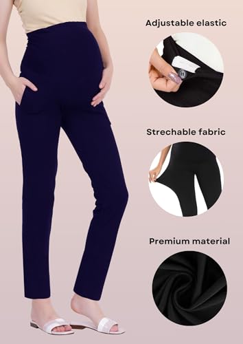 Image of Women's Maternity Leggings with Pockets - Comfortable, High Waist Support and Stretchable Pants for Pregnancy - Pack of 2