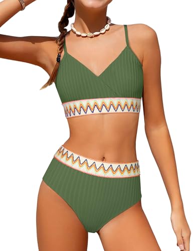 Image of DONWEN Girls Swimsuits V Neck Bikini Set Textured High Waist Girl Two Piece Bathing Suit