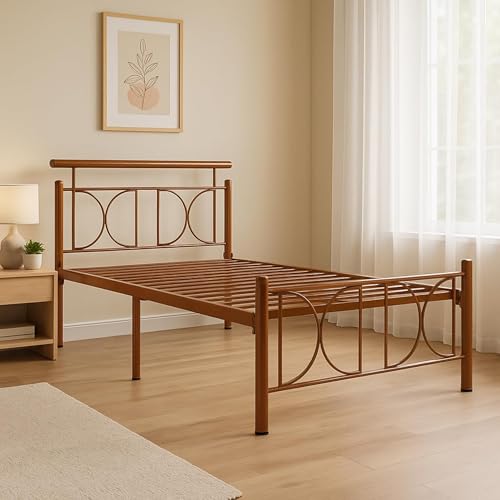 Image of Mexo Metal Extra Single Size Bed Without Storage | Wrought Iron Single Bed with Headboard & Footboard| Sturdy Powder Coated Platform Cot for Bedroom (Mexo Brown)