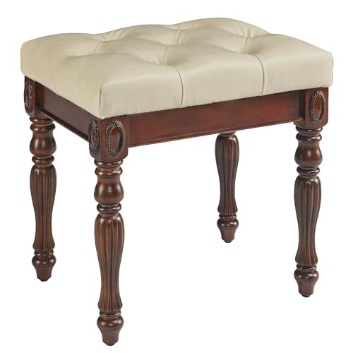 Vanity Bench Stool with Upholstered Seat, Piano Bench with Solid Wood Carving Legs, Home Chairs Button Padded Cushion, Makeup Dressing Bench, No-Tools Assembly, Cherry Walnut Leg & Beige FD1533BG