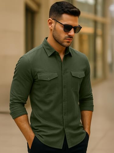 Image of Veirdo Men's Pure Cotton Utility Shirt | Full Sleeve Casual Button-Down with Dual Chest Pockets | Stylish & Comfortable Everyday Wear | Colors: Beige, Black, Maroon, Olive, Rust & White