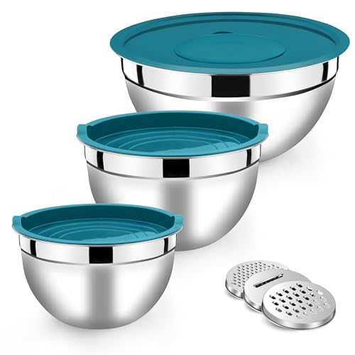 Herogo Mixing Bowl with Airtight Lids, Stainless Steel Salad Bowl Set of 3, Kitchen Metal Nesting Set with 3 Grater Attachments for Baking/Cooking, Space-Saving & Easy Storage, Dishwasher Safe