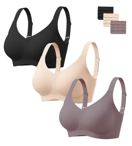 GXOULRRA 3 Pack Jelly Wireless Bras for Women No Underwire Seamless Supportive Comfort Bralette Full Coverage T Shirt Bra, BKNDGR, XL