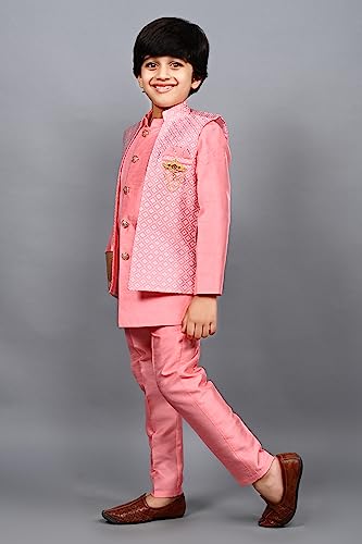 Image of AHHAAAA Kids Ethnic Silk Blend Waistcoat Kurta Pyjama 3 Piece Sherwani Set For Boys |540|
