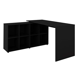 Mesa de Escritório em L Nero Artany com 8 Nichos Preta