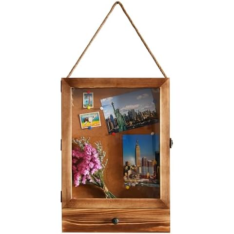 Owlgift 11“ x 16“ Shadow Box Frame w/ Drawer with Cork Back, Rustic Brown Wood with Polished Glass for Wall and Tabletop, Sturdy Memory Display Case, Display Pictures, Collections, Medals, Bouquet Cover