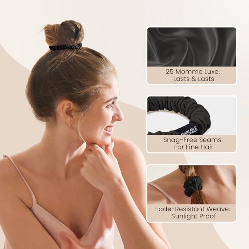 Image of THXSILK 100% Mulberry Silk Scrunchies 3-Pack, 25 Momme Mulberry Silk Hair Ties for Women, Sleek Low Profile No Damage Ponytail Holders, for Fine Hair & Everyday Use, Black