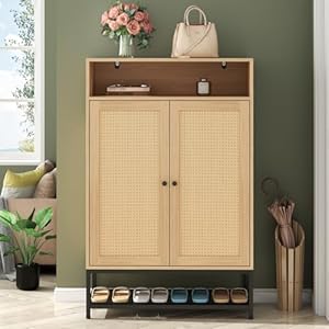 Loomie rattan shoe cabinet 6 tiers shoe storage cabinet for entryway hallway 2 door accent cabinet with adjustable shelves 46 h tall sideboard storage cabinet closet living room natural cubbies  urban country home decor
