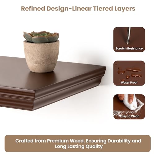 Image of 55 Inch Floating Shelves for Wall, 9.3 inch Deep Crown Molding Wood Display Shelf with Heavy Duty Invisible Brackets for Living Room, Bedroom, Bathroom, Kitchen Decor & Storage, Set of 1, Walnut Finish