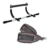 Iron Gym Pull Up Bar & Ab Straps - Total Upper Body Workout Bar for Doorway, Adjustable Width Locking, No Screws Portable Door Frame Horizontal Chin-up Bar, Fitness Exercise, Black (IRONG-MC4-Strap)