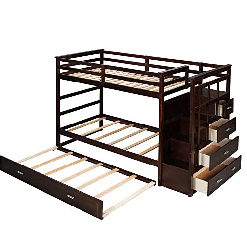 Durab Solid Wood Bunk Bed, Twin Over Twin Bunk Beds Wooden Bunk Bed Frame Trundle Twin Size Trundle Bed Frame With Guardrail Bunk Bed Trundle With 4-Storage Staircase For Teens, Adult,Espresso #TOP1