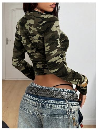 Image of RoseSeek Women's Camo Print Crop Tops Long Sleeve T Shirts Slim Fit Tops