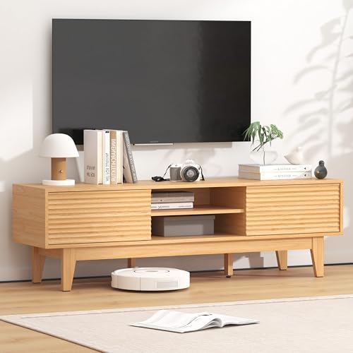 For 55 65 70 Inch Tv, Long & Large Tv Media Console Table With Storage Cabinets, Boho Farmhouse Entertainment Center For Living Room, Bedroom - Natural Wood