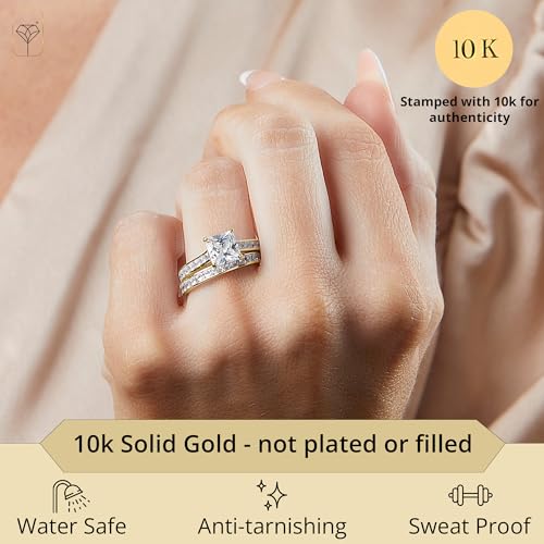 MAX + STONE 10K Gold 3.0 Carat Princess Cut Cubic Zirconia Engagement Ring with Wedding Band Set | CZ Wedding Rings for Women in Size 4.5 to 9 with Gift Box2
