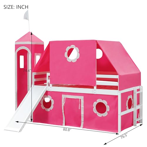 Polibi Castle Loft Bed with Slide & Tent and Tower, Playhouse Design Spacious Under Bed Space with Curtains, Wood Tent Bed Frame for Kids Boys Girls (Pink, Twin) - Thumbnail 7