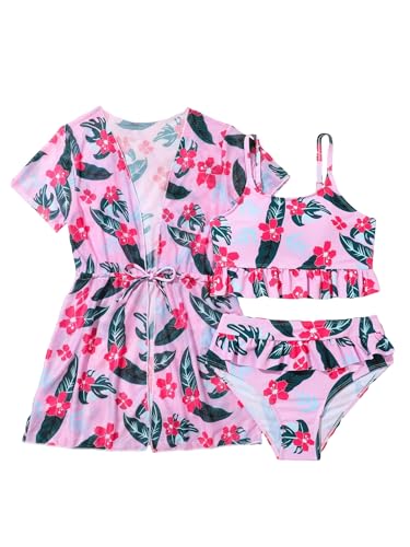 Image of WDIRARA Girl's 3 Pieces Floral Print Swimsuits Ruffle Trim Bikini Set Bathing Suit with Beach Cover Up