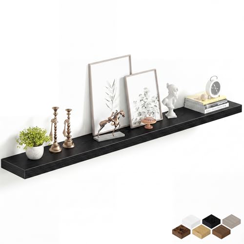 Image of Fun Memories 60Inch Long Floating Shelves, 8 Inch Deep Shelves for Bedroom|Living Room, Wall Mounted Wood Hanging Shelf with Invisible Brackets for Fireplace Mantel Home Storage Decor, Black - 1 Pack