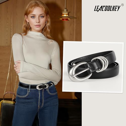 LEACOOLKEY Women's Leather Belt for Jeans Dress Pants Fashion Ladies Leather Belt with Silver Buckle — view 3