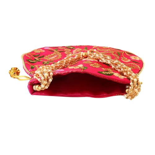 Image of Handcrafted Potli Purse with Golden Floral Embroidery and Pearl Accents