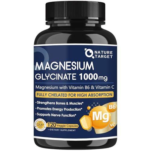 NATURE TARGET Magnesium Glycinate 1000mg - Magnesium Supplements with Vitamins C & B6 for Muscle Nerves Heart Energy & Immune Health 100% Chelated Magnesium for Max Absorption - Vegan 120 Capsules
