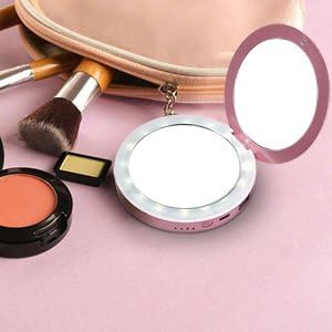 Green Hills Compact Mirror LED Lighted Makeup Mirror Power Bank, Ring Lights & 3000mAh Portable Charger & 1X/3X Magnified Vanity Mirror for Daily Office Travel Trips Gift, Rose Gold