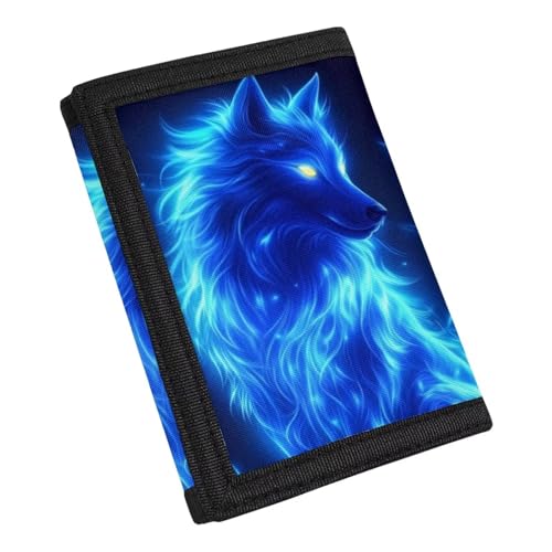 Dolyues Wolf Trifold Wallets Blue Kid Money Organizer for Teens Boys Outdoor Wallet with Magic Sticker Polyester Birthday Gift for Children2
