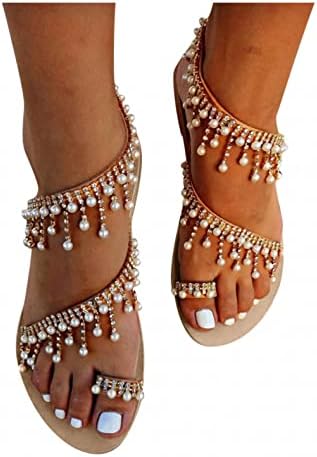 Oiumov Summer Floral Lace Sandals Beach Wedding Bride Dress Shoes Holiday Womens Comfortable Crystal Pearl Ring Toe Sandal Casual Flat Sandals for Women Dressy