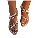 Oiumov Summer Floral Lace Sandals Beach Wedding Bride Dress Shoes Holiday Womens Comfortable Crystal