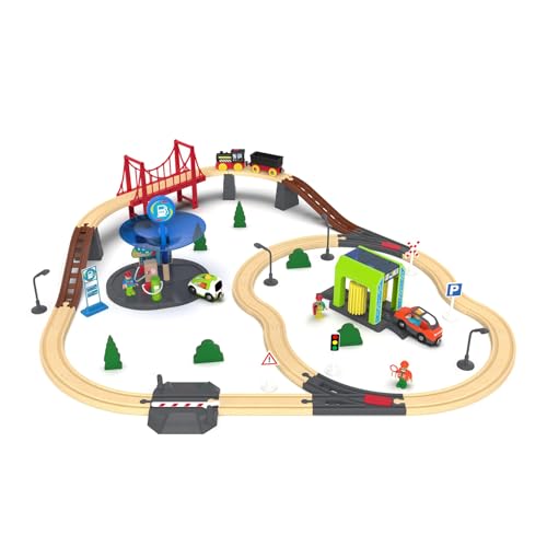 LifourHappy Car Wash Toy Train Set Accessories for Wooden Tracks, Car Wash Station Playset Expansion Pack for Boys Toddlers,Compatible with Brio,Thomas