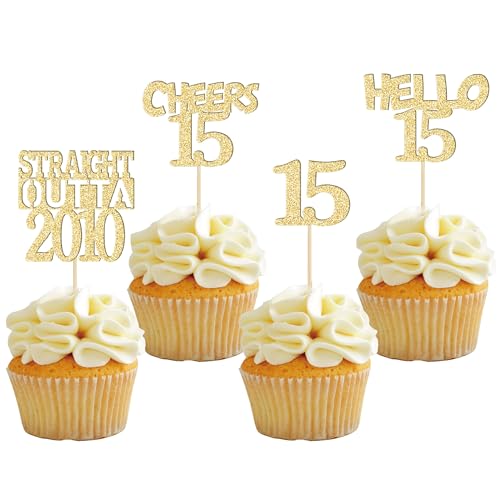 Gyufise 24Pcs 15th Cupcake Toppers Glitter Fifteen Straight Outta 2010 Cupcake Picks Cheers to 15 Years Birthday Cake Decorations for Happy 15th Birthday Anniversary Party Supplies Gold