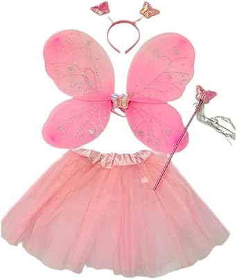 Fantasia de Fada Borboleta Infantil com Saia Tutu, Asa, Tiara e Varinha para Festas Carnaval e Halloween (ROSA CLARO)