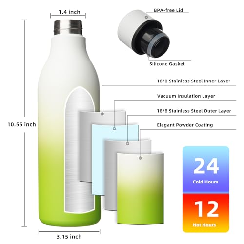 Image of BJPKPK Insulated Water Bottles, 25 oz Stainless Steel Metal Water Bottle with Strap, BPA Free Leak Proof Jugs, Mugs, Flasks, Reusable Thermal Flasks for Sports & Travel, Elegant Green
