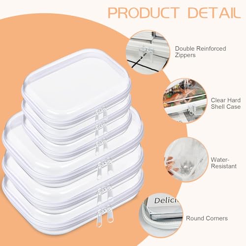 6 Pcs Clear Hard Zipper Case Hard-Sided Premium Storage Case Plastic Clear Hard Shell Zipper Pouch Portable Travel Organizer Box for Travel Building Blocks Puzzles Cosmetics Makeup Supplies (White)3