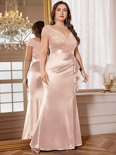 MISSMAY Women's Plus Size V Neck Sequin Lace with Satin Ruffle Trim Slit Mermaid Hem Evening Party Fomal Dress4