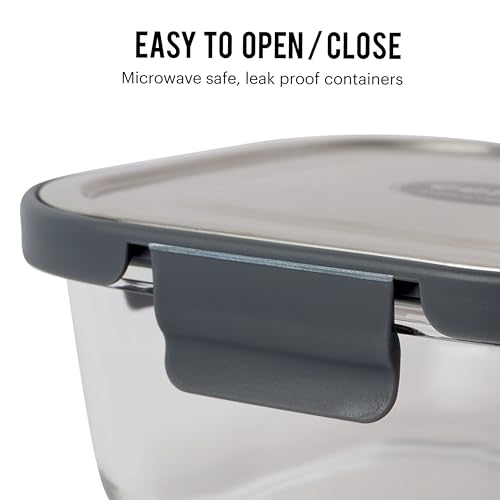 Image of CELLO Steel-O Fresh Square Toughened Glass Container 800ml, Grey | Multipurpose Storage | Microwave, Oven, Freezer & Dishwasher Safe | Leakproof Lid | Glass Container For Kitchen, Fridge & Office