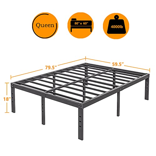 COMASACH 18-Inch Queen-Bed-Frame, Tall Heavy Duty Black Metal Bed Frames No Box-Spring Needed, Easy Assembly, Under Bed Storage, Noise Free Mattress-Foundation Support up to 4000Lbs - Thumbnail 3