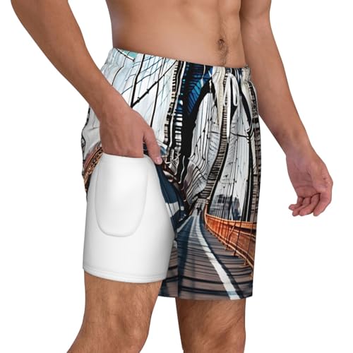 Brooklyn Bridge Print Mens Swim Shorts Trunks Inseam Compression Liner Quick Dry Zipper Pocket White3