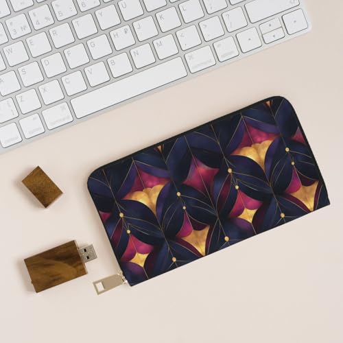Leather Thin Slim Wallets for Women & Men - Purple and Gold Pattern Print Card Wallet Holder with Zipper 5