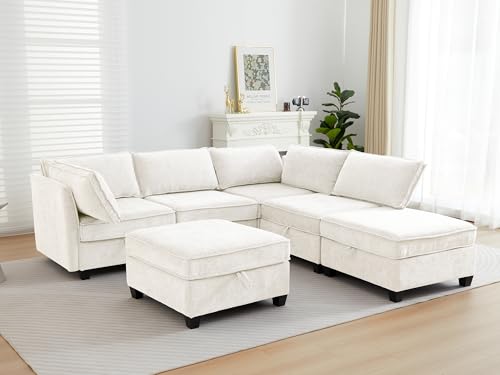 Image of ORRD Corner Modular Sectional Sofa Set, Convertible L Shaped Couch with Storage, 6 Seater Sofa Modular with Ottomans and Reversible Chaise for Living Room, Office (Beige)